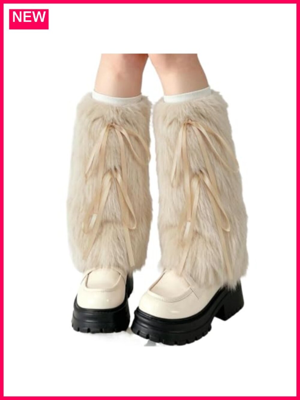 Faux Fur Leg Warmers with Satin Ribbon Bows for Rave Festival Y2K
